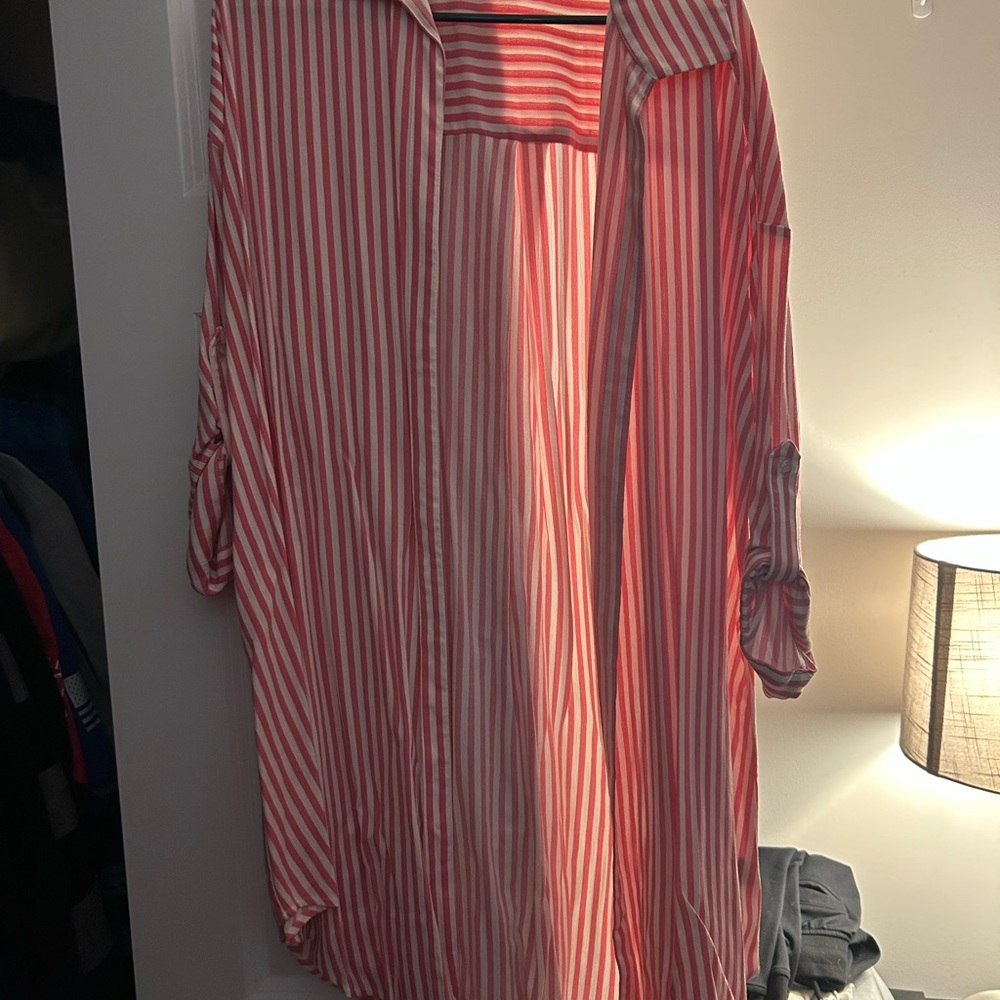 Pink and White Striped Button-Up Shirt